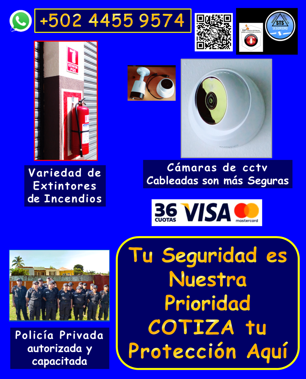 Te ofrecemos un abanico de servicios y productos de seguridad de alta calidad, diseñados para brindarte tranquilidad y protección completa. Nuestros servicios incluyen: • Personal de seguridad altamente capacitado: *Vigilantes de seguridad: Profesionales entrenados para proteger tus instalaciones. *Guardaespaldas: Protección personal discreta y eficaz. *Anfitriones: Personal para control de acceso y atención al público. • Sistemas de videovigilancia de última generación: *Cámaras de seguridad DAHUA cableadas: Mayor seguridad y confiabilidad, con diversas opciones de combos. *Instalación profesional y garantizada: Aseguramos el óptimo funcionamiento de tu sistema. *Mantenimiento y reparación: Mantenemos tus cámaras al 100% para una protección continua. • Protección contra incendios: *Extintores de incendios: Variedad de tamaños y tipos de carga, adaptados a tus necesidades. *Recarga de extintores: Mantenemos tus equipos listos para actuar en caso de emergencia. • Seguridad industrial y vial: *Ofrecemos una gran variedad de articulos de seguridad para todo tipo de instalaciones. ¿Por qué elegirnos? *Cobertura en toda Guatemala: Llevamos la seguridad donde la necesites. *Personal calificado y autorizado: Profesionales comprometidos con tu seguridad. *Equipos de alta calidad: Trabajamos con marcas líderes para garantizar tu protección. *Garantía y respaldo: Te ofrecemos tranquilidad con nuestros servicios garantizados. No dejes la seguridad en manos del azar. Contáctanos hoy mismo y descubre cómo podemos proteger lo que más te importa. Llámanos o escríbenos por WhatsApp: +502 4455 9574 #sistemasdealarmas #incendio #camarasdeseguridad #SEGURIDADVIP #sistemasdeseguridad #vigilancia24horas #extintores