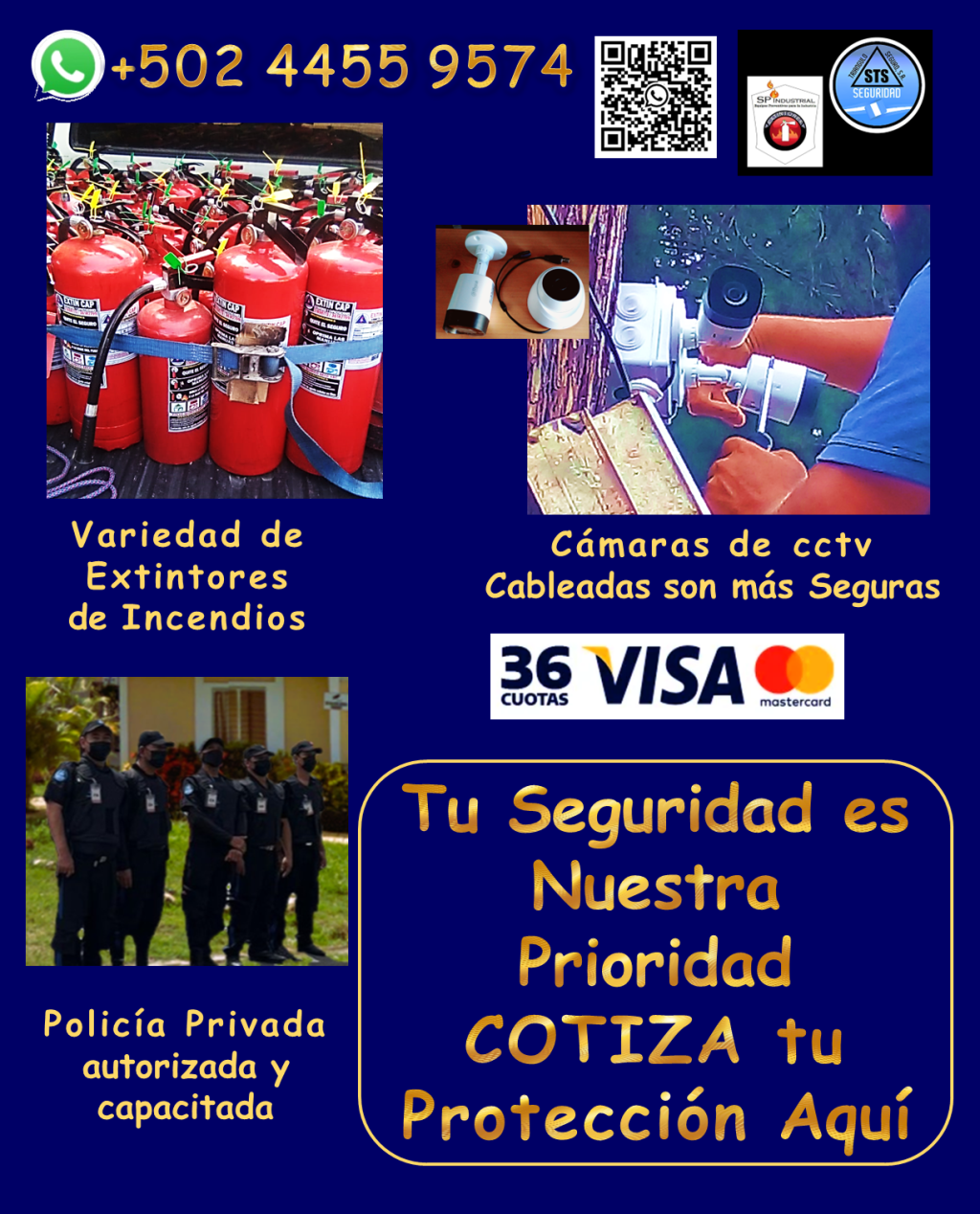 Ofrecemos un abanico de servicios y productos de seguridad de alta calidad, diseñados para brindarte tranquilidad y protección completa. Nuestros servicios incluyen: • Personal de seguridad altamente capacitado: *Vigilantes de seguridad: Profesionales entrenados para proteger tus instalaciones. *Guardaespaldas: Protección personal discreta y eficaz. *Anfitriones: Personal para control de acceso y atención al público. • Sistemas de videovigilancia de última generación: *Cámaras de seguridad DAHUA cableadas: Mayor seguridad y confiabilidad, con diversas opciones de combos. *Instalación profesional y garantizada: Aseguramos el óptimo funcionamiento de tu sistema. *Mantenimiento y reparación: Mantenemos tus cámaras al 100% para una protección continua. • Protección contra incendios: *Extintores de incendios: Variedad de tamaños y tipos de carga, adaptados a tus necesidades. *Recarga de extintores: Mantenemos tus equipos listos para actuar en caso de emergencia. • Seguridad industrial y vial: *Ofrecemos una gran variedad de articulos de seguridad para todo tipo de instalaciones. ¿Por qué elegirnos? *Cobertura en toda Guatemala: Llevamos la seguridad donde la necesites. *Personal calificado y autorizado: Profesionales comprometidos con tu seguridad. *Equipos de alta calidad: Trabajamos con marcas líderes para garantizar tu protección. *Garantía y respaldo: Te ofrecemos tranquilidad con nuestros servicios garantizados. No dejes la seguridad en manos del azar. Contáctanos hoy mismo y descubre cómo podemos proteger lo que más te importa. Llámanos o escríbenos por WhatsApp: +502 4455 9574 #violenciafisica #incendio #camarasdeseguridad #SEGURIDADVIP #sistemasdeseguridad #vigilancia24horas #extintores