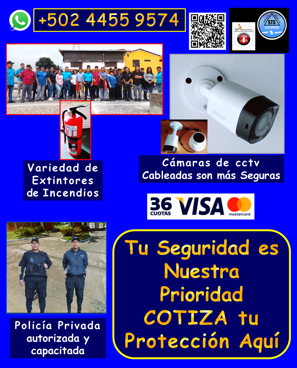 Te ofrecemos un abanico de servicios y productos de seguridad de alta calidad, diseñados para brindarte tranquilidad y protección completa. Nuestros servicios incluyen: • Personal de seguridad altamente capacitado: *Vigilantes de seguridad: Profesionales entrenados para proteger tus instalaciones. *Guardaespaldas: Protección personal discreta y eficaz. *Anfitriones: Personal para control de acceso y atención al público. • Sistemas de videovigilancia de última generación: *Cámaras de seguridad DAHUA cableadas: Mayor seguridad y confiabilidad, con diversas opciones de combos. *Instalación profesional y garantizada: Aseguramos el óptimo funcionamiento de tu sistema. *Mantenimiento y reparación: Mantenemos tus cámaras al 100% para una protección continua. • Protección contra incendios: *Extintores de incendios: Variedad de tamaños y tipos de carga, adaptados a tus necesidades. *Recarga de extintores: Mantenemos tus equipos listos para actuar en caso de emergencia. • Seguridad industrial y vial: *Ofrecemos una gran variedad de articulos de seguridad para todo tipo de instalaciones. ¿Por qué elegirnos? *Cobertura en toda Guatemala: Llevamos la seguridad donde la necesites. *Personal calificado y autorizado: Profesionales comprometidos con tu seguridad. *Equipos de alta calidad: Trabajamos con marcas líderes para garantizar tu protección. *Garantía y respaldo: Te ofrecemos tranquilidad con nuestros servicios garantizados. No dejes la seguridad en manos del azar. Contáctanos hoy mismo y descubre cómo podemos proteger lo que más te importa. Llámanos o escríbenos por WhatsApp: +502 4455 9574 #incendio #camarasdeseguridad #SEGURIDADVIP #SistemasDeSeguridad #vigilancia24horas #extintores #LaChamuscaDelAño #Visacuotas