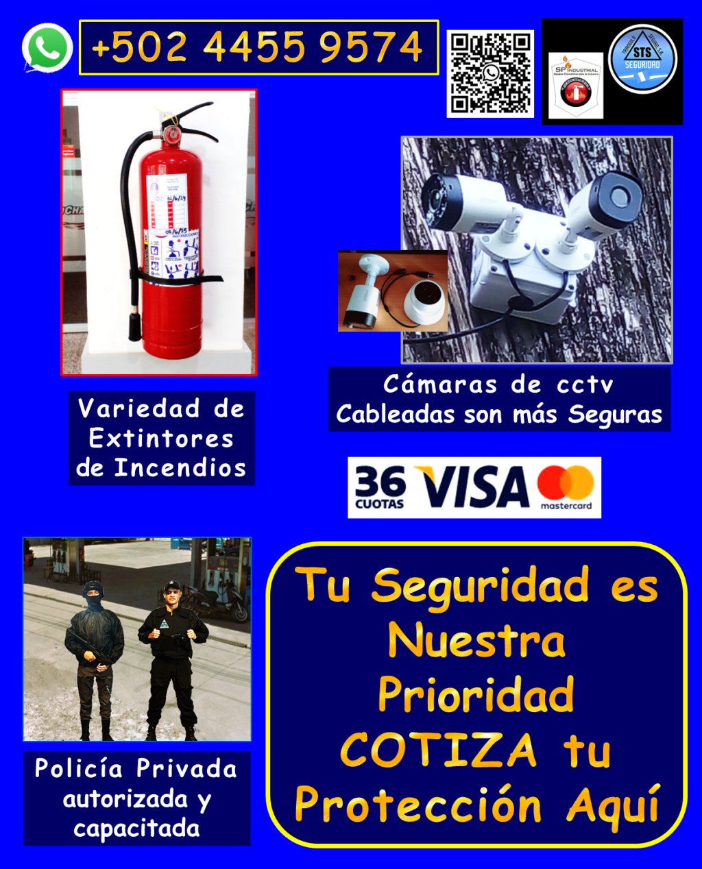 Nuestros servicios incluyen: • Personal de seguridad altamente capacitado: *Vigilantes de seguridad: Profesionales entrenados para proteger tus instalaciones. *Guardaespaldas: Protección personal discreta y eficaz. *Anfitriones: Personal para control de acceso y atención al público. • Sistemas de videovigilancia de última generación: *Cámaras de seguridad DAHUA cableadas: Mayor seguridad y confiabilidad, con diversas opciones de combos. *Instalación profesional y garantizada: Aseguramos el óptimo funcionamiento de tu sistema. *Mantenimiento y reparación: Mantenemos tus cámaras al 100% para una protección continua. • Protección contra incendios: *Extintores de incendios: Variedad de tamaños y tipos de carga, adaptados a tus necesidades. *Recarga de extintores: Mantenemos tus equipos listos para actuar en caso de emergencia. • Seguridad industrial y vial: *Ofrecemos una gran variedad de articulos de seguridad para todo tipo de instalaciones. ¿Por qué elegirnos? *Cobertura en toda Guatemala: Llevamos la seguridad donde la necesites. *Personal calificado y autorizado: Profesionales comprometidos con tu seguridad. *Equipos de alta calidad: Trabajamos con marcas líderes para garantizar tu protección. *Garantía y respaldo: Te ofrecemos tranquilidad con nuestros servicios garantizados. No dejes la seguridad en manos del azar. Contáctanos hoy mismo y descubre cómo podemos proteger lo que más te importa. Llámanos o escríbenos por WhatsApp: +502 4455 9574 #incendio #camarasdeseguridad #SEGURIDADVIP #sistemasdeseguridad #vigilancia24horas #extintores #LaChamuscaDelAño #Visacuotas #sistemasdealarmas #GuatemalaNoSeDetiene