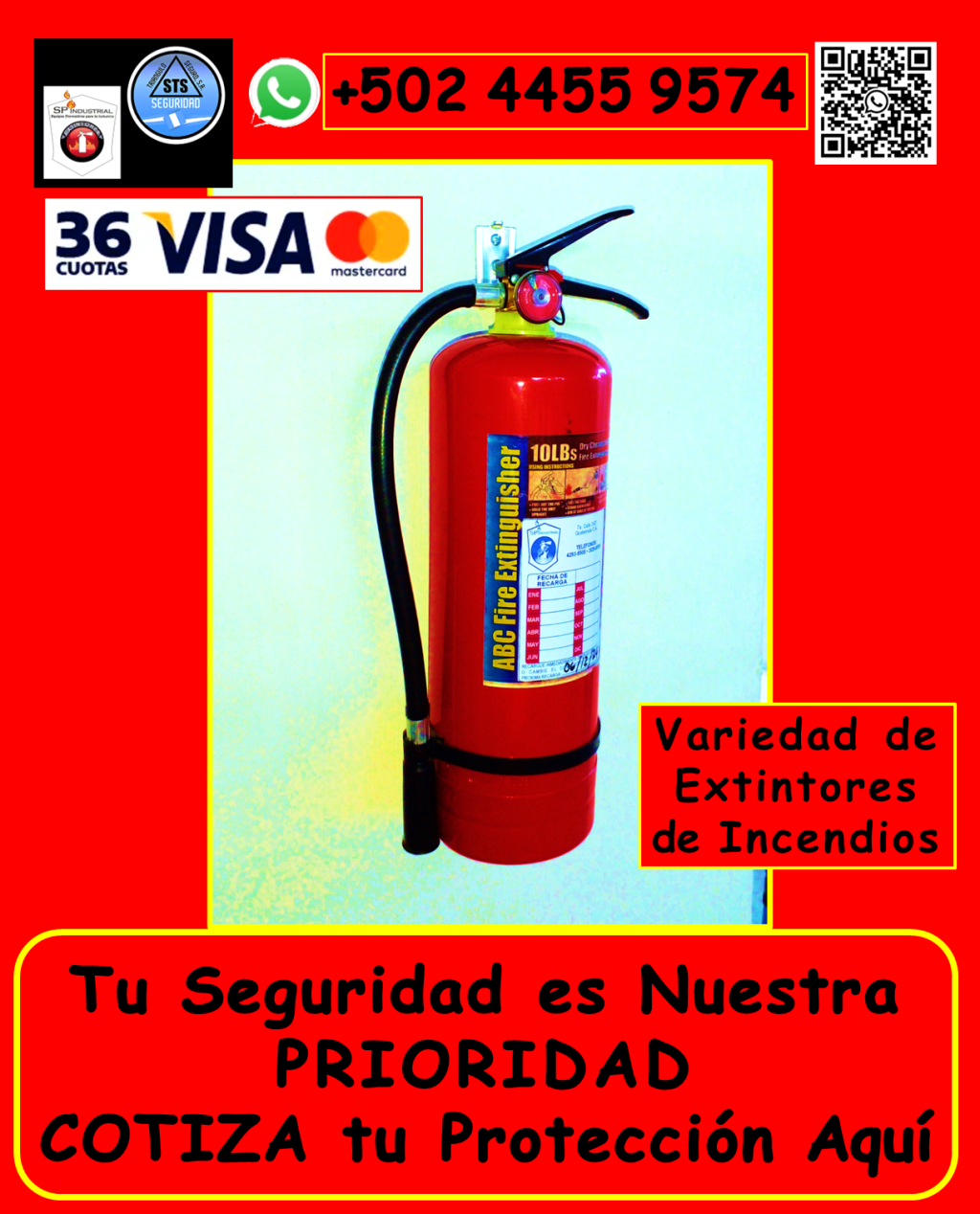 Te ofrecemos servicios y productos para garantizar la seguridad de tus instalaciones y personal, cumpliendo con las normativas vigentes. Nuestros servicios incluyen: • Extintores de incendios: *Venta de extintores nuevos: Tipos ABC, AB, K, y más, adaptados a tus necesidades. *Recarga de extintores: Polvo químico seco, CO2, y otros, con garantía de calidad. *Variedad de tamaños y cilindros nuevos. *Bases para extintores: Instalación y mantenimiento en el área metropolitana de Guatemala y municipios aledaños (aplican condiciones). • Capacitación y prevención: *Capacitaciones: Uso correcto de extintores, primeros auxilios, simulacros de evacuación. *Planes de contingencia: Desarrollo de estrategias personalizadas para tu empresa. • Mantenimiento especializado: *Mantenimiento de hidrantes y sistemas de detección de incendios. • Señalización y evacuación: *Señalización general de evacuación: *Te ayudamos a Cumplir con las medidas reglamentarias del Ministerio de Trabajo, IGSS etc. • Seguridad industrial integral: Ofrecemos artículos de seguridad industrial, para todo tipo de instalaciones. ¿Por qué elegirnos? • Amplia experiencia en seguridad industrial. • Productos y servicios de alta calidad. • Cumplimiento de normativas vigentes. • Personal capacitado y profesional. • Atención personalizada. No esperes a que ocurra un incidente. Protege tus espacios y personal con nuestras soluciones integrales. Contáctanos hoy mismo: • Teléfono: +502 4455 9574