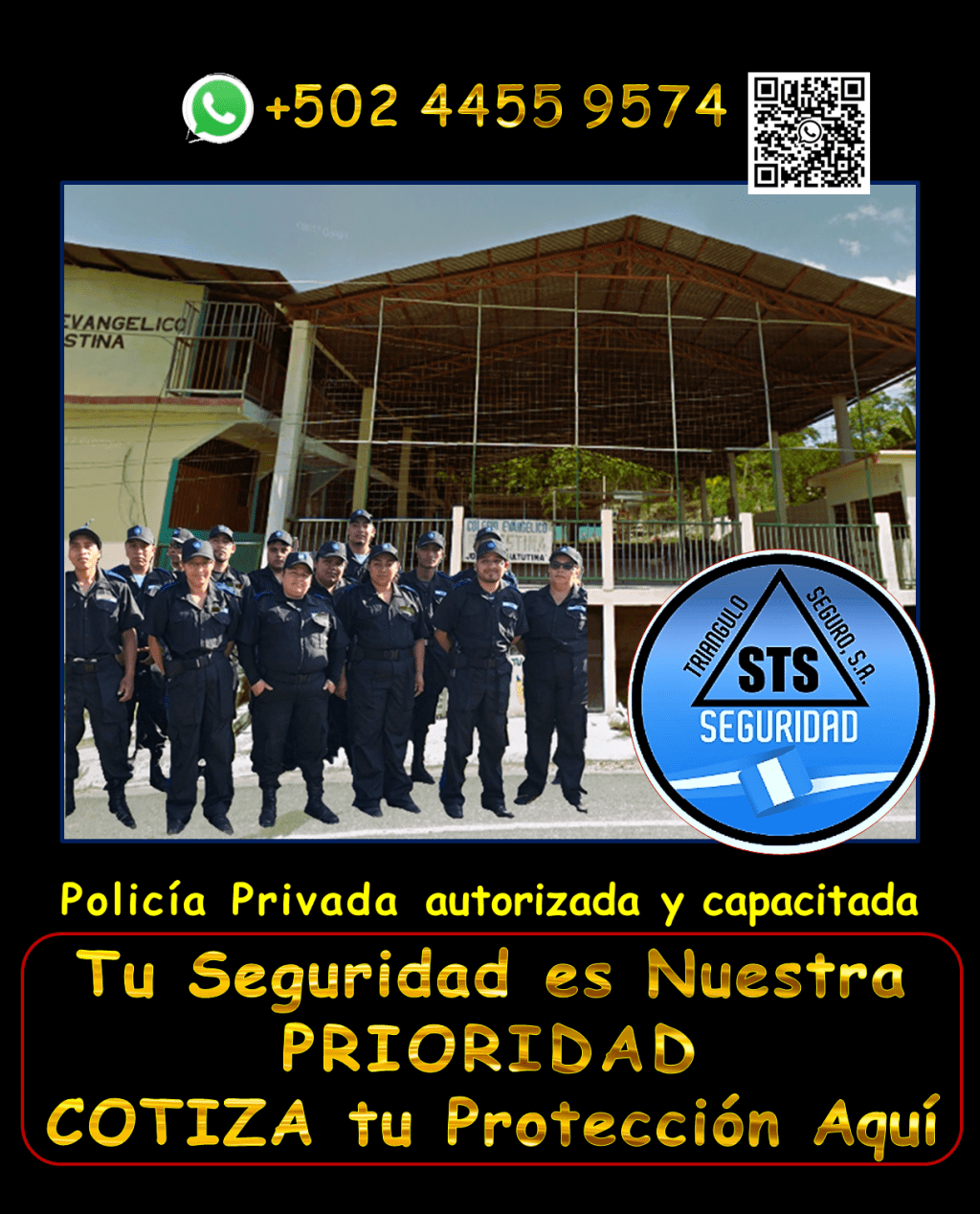 Te brindamos agentes de seguridad armados y vigilantes, disponibles las 24 horas, los 365 días del año, para proteger tu patrimonio con la máxima eficiencia. te ofrecemos seguridad en tu propiedad en areas como, seguridad para puestos fijos, garitas, guardaespaldas, custodios, anfitriones y más, en toda Guatemala. Nuestro personal está debidamente equipado y cumple con todas las regulaciones de la DIGESSP y DIGECAM. Garantizamos una respuesta rápida gracias a nuestros vehículos y equipos de radiocomunicación. ¡Llámanos ahora y obtén una asesoría personalizada! WhatsApp: +502 4455 9574. #SeguridadIntegralParaTi"