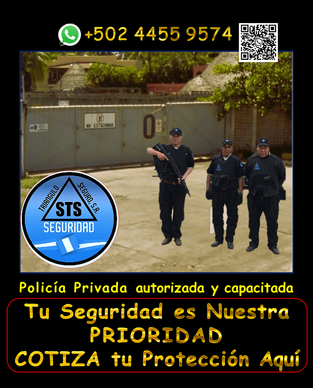 Te brindamos agentes de seguridad armados y vigilantes, disponibles las 24 horas, los 365 días del año, para proteger tu patrimonio con la máxima eficiencia. te ofrecemos seguridad en tu propiedad en areas como, seguridad para puestos fijos, garitas, guardaespaldas, custodios, anfitriones y más, en toda Guatemala. Nuestro personal está debidamente equipado y cumple con todas las regulaciones de la DIGESSP y DIGECAM. Garantizamos una respuesta rápida gracias a nuestros vehículos y equipos de radiocomunicación. ¡Llámanos ahora y obtén una asesoría personalizada! WhatsApp: +502 4455 9574. #SeguridadIntegralParaTi"
