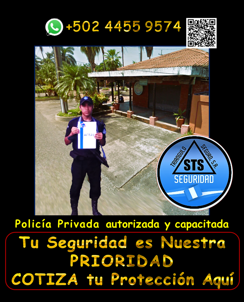Te brindamos agentes de seguridad armados y vigilantes, disponibles las 24 horas, los 365 días del año, para proteger tu patrimonio con la máxima eficiencia. te ofrecemos seguridad en tu propiedad en areas como, seguridad para puestos fijos, garitas, guardaespaldas, custodios, anfitriones y más, en toda Guatemala. Nuestro personal está debidamente equipado y cumple con todas las regulaciones de la DIGESSP y DIGECAM. Garantizamos una respuesta rápida gracias a nuestros vehículos y equipos de radiocomunicación. ¡Llámanos ahora y obtén una asesoría personalizada! WhatsApp: +502 4455 9574. #SeguridadIntegralParaTi" #SEGURIDADVIP #AgentesdeSeguridad #sistemasdealarmas #sistemasdeseguridad #GuatemalaNoSeDetiene #SeguridadPrivada #violenciafisica #trianguloseguro