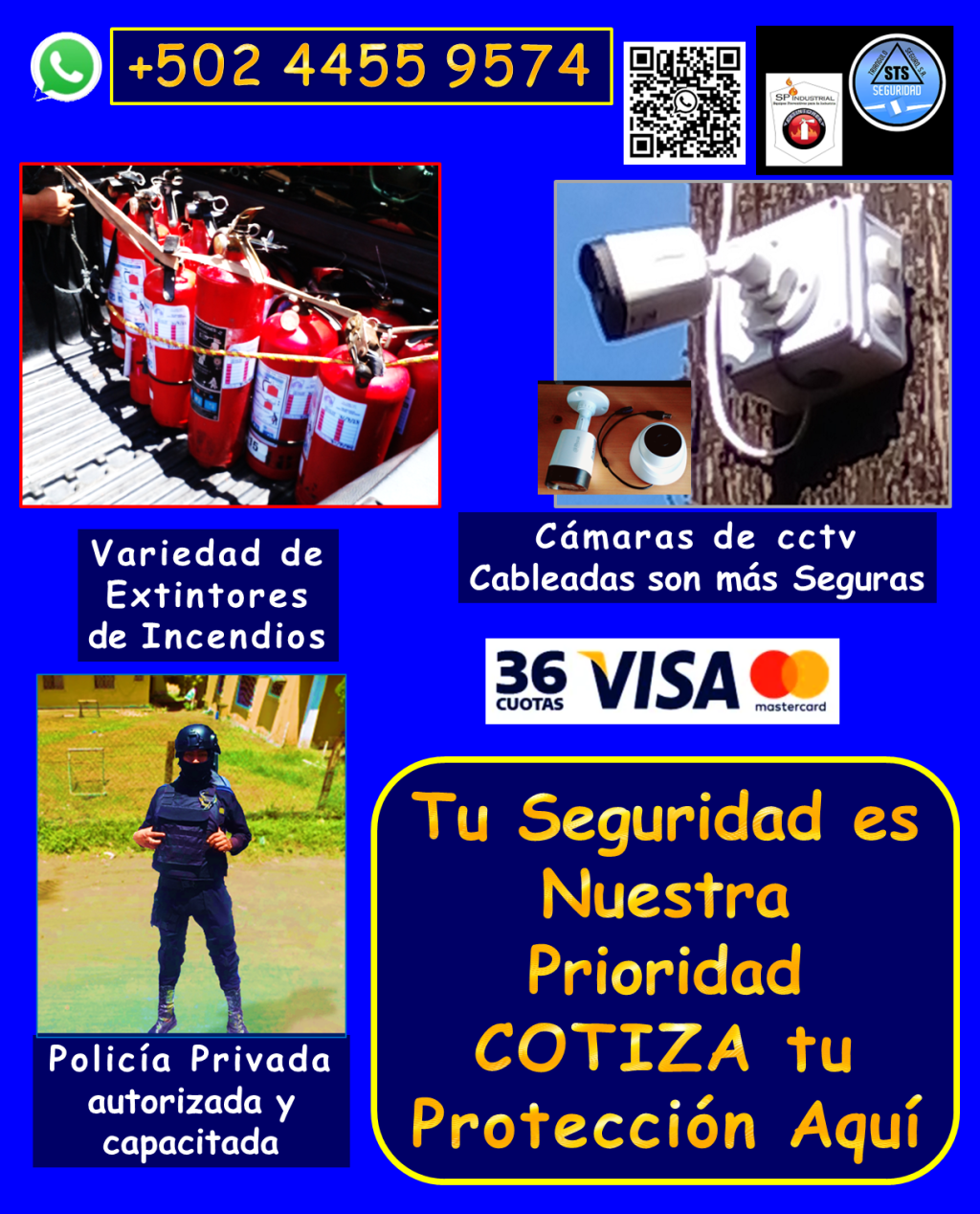 Ofrecemos productos de seguridad de alta calidad. Nuestros productos incluyen: • Personal de seguridad altamente capacitado: *Vigilantes de seguridad: Profesionales entrenados para proteger tus instalaciones. *Guardaespaldas: Protección personal discreta y eficaz. *Anfitriones: Personal para control de acceso y atención al público. • Sistemas de videovigilancia de última generación: *Cámaras de seguridad DAHUA cableadas: Mayor seguridad y confiabilidad, con diversas opciones de combos. *Instalación profesional y garantizada: Aseguramos el óptimo funcionamiento de tu sistema. *Mantenimiento y reparación: Mantenemos tus cámaras al 100% para una protección continua. • Protección contra incendios: *Extintores de incendios: Variedad de tamaños y tipos de carga, adaptados a tus necesidades. *Recarga de extintores: Mantenemos tus equipos listos para actuar en caso de emergencia. • Seguridad industrial y vial: *Ofrecemos una gran variedad de articulos de seguridad para todo tipo de instalaciones. ¿Por qué elegirnos? *Cobertura en toda Guatemala: Llevamos la seguridad donde la necesites. *Personal calificado y autorizado: Profesionales comprometidos con tu seguridad. *Equipos de alta calidad: Trabajamos con marcas líderes para garantizar tu protección. *Garantía y respaldo: Te ofrecemos tranquilidad con nuestros servicios garantizados. No dejes la seguridad en manos del azar. Contáctanos hoy mismo y descubre cómo podemos proteger lo que más te importa. Llámanos o escríbenos por WhatsApp: 4455 9574 #ANFITRIONES #Policia #Custodios #Policia24H #Guardaespaldas #GUARDIAS #Oficiales #Seguridadprivada #Vigilantes #digessp #Camaradevideo #CamarasdeSeguridad #Dahua #camaras5mpx #camarasbala #camarasdomo #mantenimientocamaras #camarasconsonido #Guatemalanosedetiene #capacitacionesteoricopracticas #rotulaciondeevacuacion #recargadeextintores #Extintores #extintoresabc #extintoresco2 #viral #Rociadordeincendios #incendios #extintoresab #planbelen #GUARDIASDESEGURIDAD #vigilanciaprivada #escolta #mejoresempresasdeseguridad #guardaespaldaspersonales #PROTECCIÓNEJECUTIVA #monitoreo #protecciónderuta #VigilanciaEnTiempoReal #tiposdecamaras #extintoresdefuego #inspecciondeextintores #tiposdeextintores #comoseutilizaunextintordeincendios