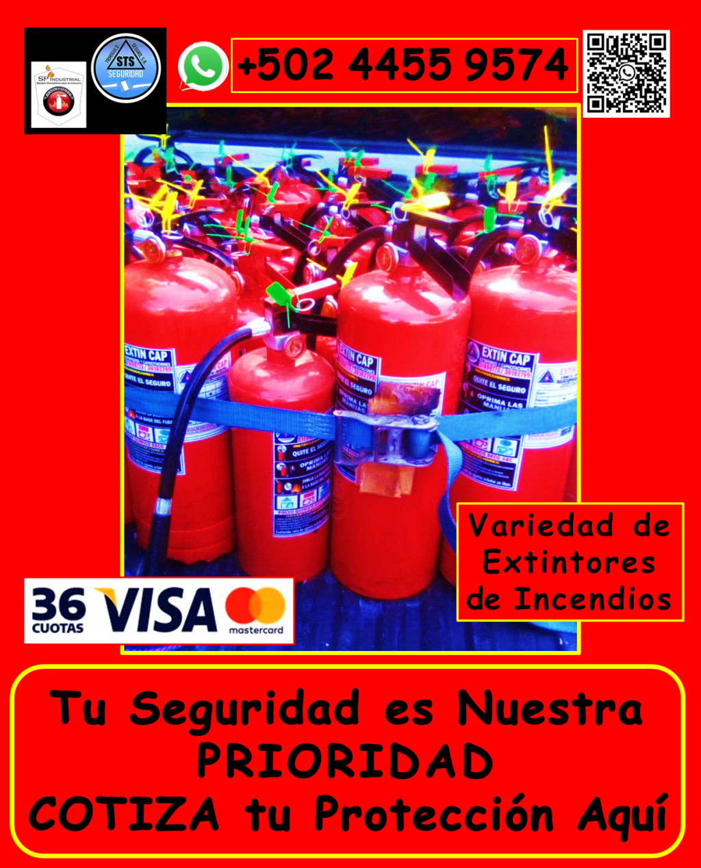Te ofrecemos servicios y productos para garantizar la seguridad de tus instalaciones y personal, cumpliendo con las normativas vigentes. Nuestros servicios incluyen: • Extintores de incendios: *Venta de extintores nuevos: Tipos ABC, AB, K, y más, adaptados a tus necesidades. *Recarga de extintores: Polvo químico seco, CO2, y otros, con garantía de calidad. *Variedad de tamaños y cilindros nuevos. *Bases para extintores: Instalación y mantenimiento en el área metropolitana de Guatemala y municipios aledaños (aplican condiciones). • Capacitación y prevención: *Capacitaciones: Uso correcto de extintores, primeros auxilios, simulacros de evacuación. *Planes de contingencia: Desarrollo de estrategias personalizadas para tu empresa. • Mantenimiento especializado: *Mantenimiento de hidrantes y sistemas de detección de incendios. • Señalización y evacuación: *Señalización general de evacuación: *Te ayudamos a Cumplir con las medidas reglamentarias del Ministerio de Trabajo, IGSS etc. • Seguridad industrial integral: Ofrecemos artículos de seguridad industrial, para todo tipo de instalaciones. ¿Por qué elegirnos? • Amplia experiencia en seguridad industrial. • Productos y servicios de alta calidad. • Cumplimiento de normativas vigentes. • Personal capacitado y profesional. • Atención personalizada. No esperes a que ocurra un incidente. Protege tus espacios y personal con nuestras soluciones integrales. Contáctanos hoy mismo: • Teléfono: +502 4455 9574