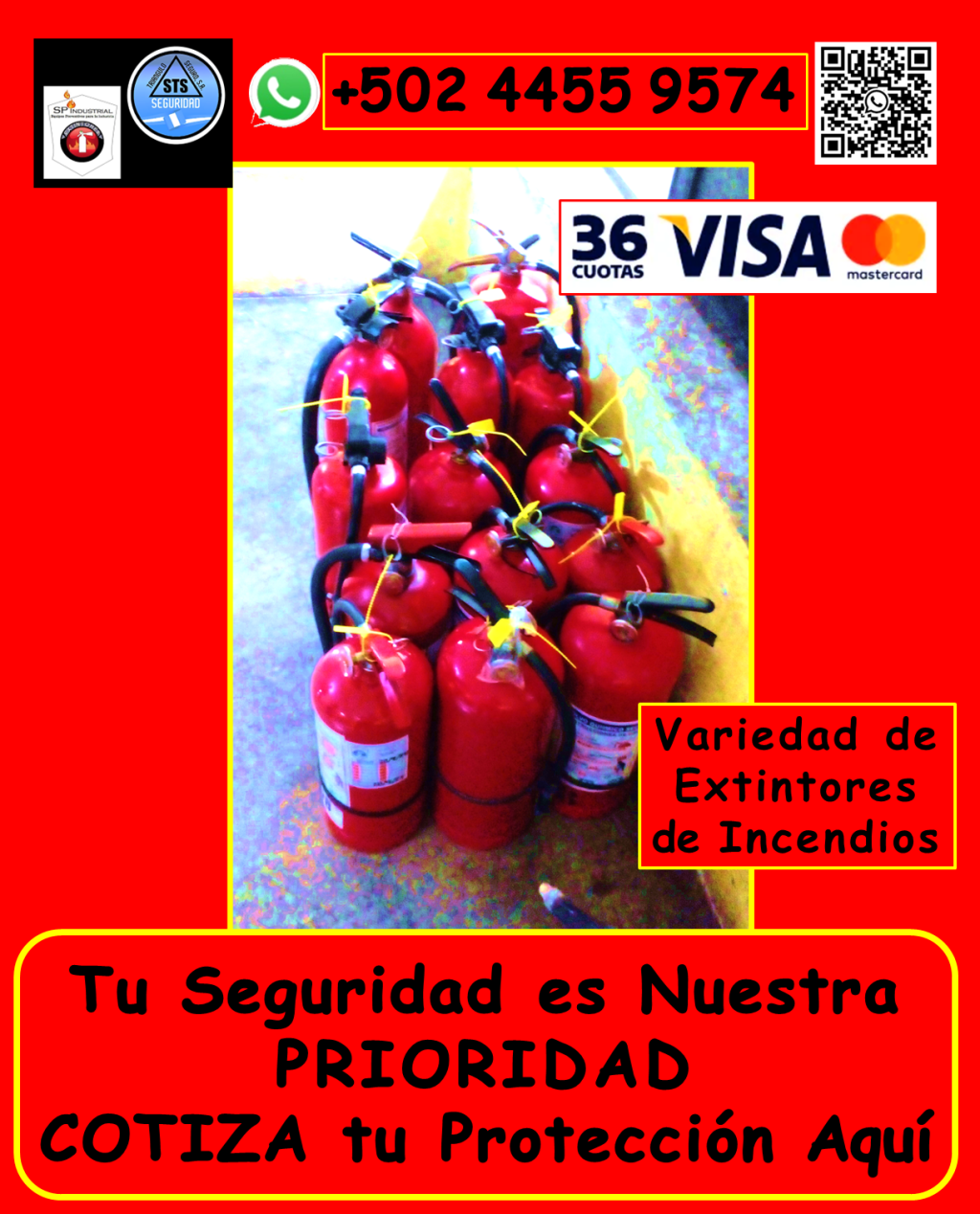 Protege tus espacios con soluciones integrales contra incendios y seguridad industrial Te ofrecemos servicios y productos para garantizar la seguridad de tus instalaciones y personal, cumpliendo con las normativas vigentes. Nuestros servicios incluyen: • Extintores de incendios: *Venta de extintores nuevos: Tipos ABC, AB, K, y más, adaptados a tus necesidades. *Recarga de extintores: Polvo químico seco, CO2, y otros, con garantía de calidad. *Variedad de tamaños y cilindros nuevos. *Bases para extintores: Instalación y mantenimiento en el área metropolitana de Guatemala y municipios aledaños (aplican condiciones). • Capacitación y prevención: *Capacitaciones: Uso correcto de extintores, primeros auxilios, simulacros de evacuación. *Planes de contingencia: Desarrollo de estrategias personalizadas para tu empresa. • Mantenimiento especializado: *Mantenimiento de hidrantes y sistemas de detección de incendios. • Señalización y evacuación: *Señalización general de evacuación: *Te ayudamos a Cumplir con las medidas reglamentarias del Ministerio de Trabajo, IGSS etc. • Seguridad industrial integral: Ofrecemos artículos de seguridad industrial, para todo tipo de instalaciones. ¿Por qué elegirnos? • Amplia experiencia en seguridad industrial. • Productos y servicios de alta calidad. • Cumplimiento de normativas vigentes. • Personal capacitado y profesional. • Atención personalizada. No esperes a que ocurra un incidente. Protege tus espacios y personal con nuestras soluciones integrales. Contáctanos hoy mismo: • Teléfono: +502 4455 9574