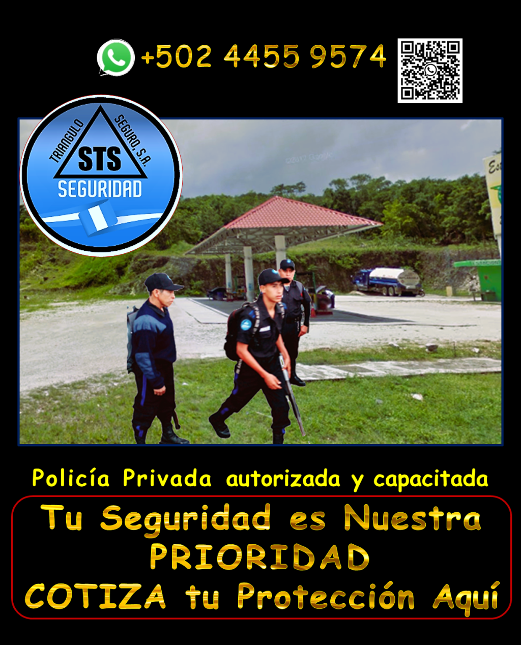 Para proteger tu patrimonio con la máxima eficiencia. Te ofrecemos PROTECCIÓN en tu propiedad en areas como, seguridad para puestos fijos, garitas, guardaespaldas, custodios, anfitriones y más, en toda Guatemala. Nuestro personal está debidamente equipado y cumple con todas las regulaciones de la DIGESSP y DIGECAM. Garantizamos una respuesta rápida gracias a nuestros vehículos y equipos de radiocomunicación. ¡Llámanos ahora y obtén una asesoría personalizada! WhatsApp: +502 4455 9574.