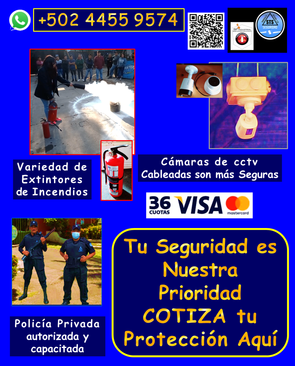 Nuestros productos incluyen: • Personal de seguridad altamente capacitado: *Vigilantes de seguridad: Profesionales entrenados para proteger tus instalaciones. *Guardaespaldas: Protección personal discreta y eficaz. *Anfitriones: Personal para control de acceso y atención al público. • Sistemas de videovigilancia de última generación: *Cámaras de seguridad DAHUA cableadas: Mayor seguridad y confiabilidad, con diversas opciones de combos. *Instalación profesional y garantizada: Aseguramos el óptimo funcionamiento de tu sistema. *Mantenimiento y reparación: Mantenemos tus cámaras al 100% para una protección continua. • Protección contra incendios: *Extintores de incendios: Variedad de tamaños y tipos de carga, adaptados a tus necesidades. *Recarga de extintores: Mantenemos tus equipos listos para actuar en caso de emergencia. • Seguridad industrial y vial: *Ofrecemos una gran variedad de articulos de seguridad para todo tipo de instalaciones. ¿Por qué elegirnos? *Cobertura en toda Guatemala: Llevamos la seguridad donde la necesites. *Personal calificado y autorizado: Profesionales comprometidos con tu seguridad. *Equipos de alta calidad: Trabajamos con marcas líderes para garantizar tu protección. *Garantía y respaldo: Te ofrecemos tranquilidad con nuestros servicios garantizados. No dejes la seguridad en manos del azar. Contáctanos hoy mismo y descubre cómo podemos proteger lo que más te importa. Llámanos o escríbenos por WhatsApp: 4455 9574 #ANFITRIONES #Policia #Custodios #Policia24H #Guardaespaldas #GUARDIAS #Oficiales #Seguridadprivada #Vigilantes #digessp #Camaradevideo #CamarasdeSeguridad #Dahua #camaras5mpx #camarasbala #camarasdomo #mantenimientocamaras #camarasconsonido #Guatemalanosedetiene #capacitacionesteoricopracticas #rotulaciondeevacuacion #recargadeextintores #Extintores #extintoresabc #extintoresco2 #viral #Rociadordeincendios #incendios #extintoresab #planbelen #GUARDIASDESEGURIDAD #vigilanciaprivada #escolta #mejoresempresasdeseguridad #guardaespaldaspersonales #PROTECCIÓNEJECUTIVA #monitoreo #protecciónderuta #VigilanciaEnTiempoReal #tiposdecamaras #extintoresdefuego #inspecciondeextintores #tiposdeextintores #comoseutilizaunextintordeincendios