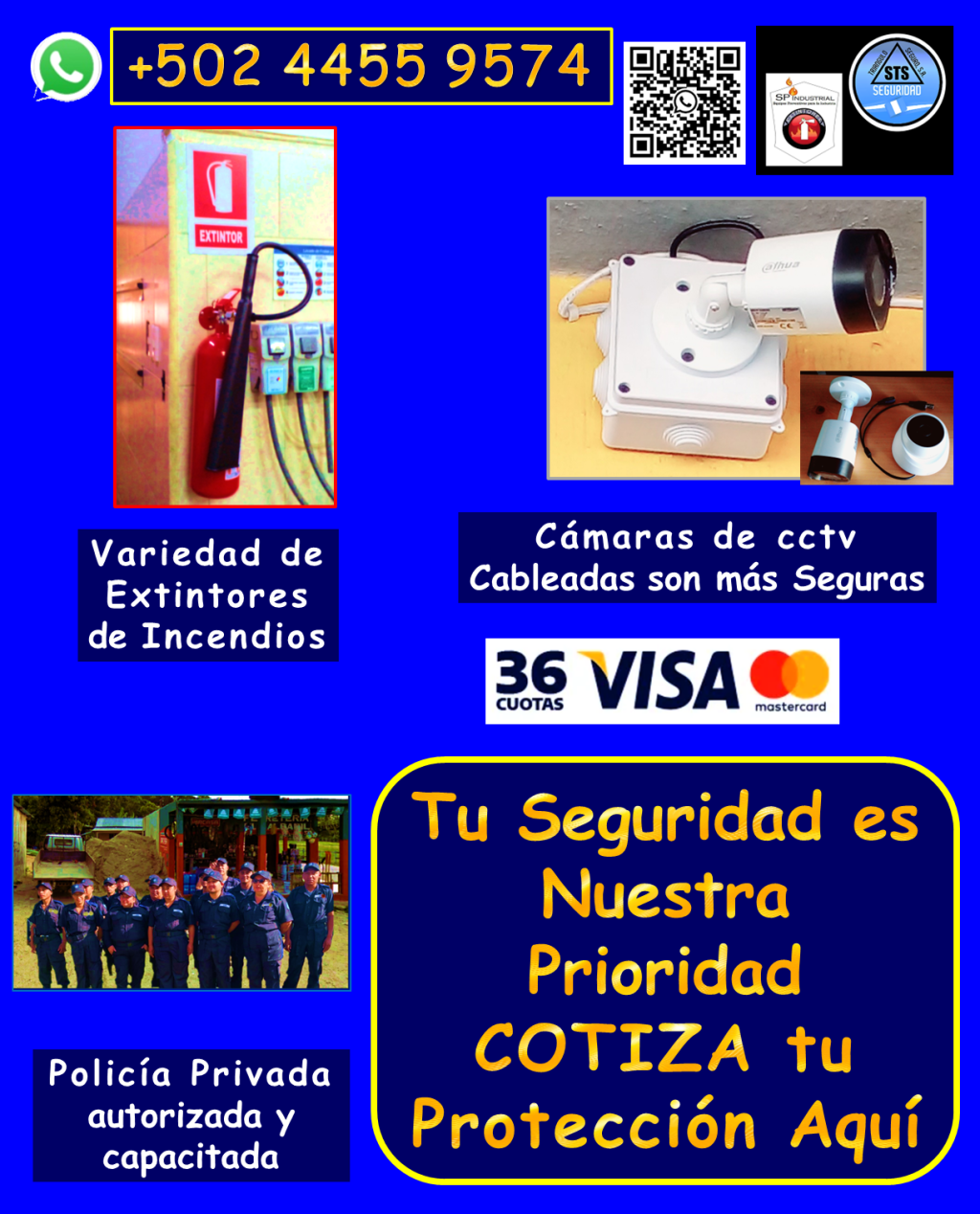 PIDE AQUÍ. Entendemos que la seguridad de tu propiedad, familia o negocio es primordial. Por eso, ofrecemos productos de seguridad de alta calidad. • Personal de seguridad altamente capacitado: *Vigilantes de seguridad: Profesionales entrenados para proteger tus instalaciones. *Guardaespaldas: Protección personal discreta y eficaz. *Anfitriones: Personal para control de acceso y atención al público. • Sistemas de videovigilancia de última generación: *Cámaras de seguridad DAHUA cableadas: Mayor seguridad y confiabilidad, con diversas opciones de combos. *Instalación profesional y garantizada: Aseguramos el óptimo funcionamiento de tu sistema. *Mantenimiento y reparación: Mantenemos tus cámaras al 100% para una protección continua. • Protección contra incendios: *Extintores de incendios: Variedad de tamaños y tipos de carga, adaptados a tus necesidades. *Recarga de extintores: Mantenemos tus equipos listos para actuar en caso de emergencia. • Seguridad industrial y vial: *Ofrecemos una gran variedad de articulos de seguridad para todo tipo de instalaciones. ¿Por qué elegirnos? *Cobertura en toda Guatemala: Llevamos la seguridad donde la necesites. *Personal calificado y autorizado: Profesionales comprometidos con tu seguridad. *Equipos de alta calidad: Trabajamos con marcas líderes para garantizar tu protección. *Garantía y respaldo: Te ofrecemos tranquilidad con nuestros servicios garantizados. No dejes la seguridad en manos del azar. Contáctanos hoy mismo y descubre cómo podemos proteger lo que más te importa. Llámanos o escríbenos por WhatsApp: 4455 9574 #noti7 #ANFITRIONES #Policia #Custodios #Policia24H #Guardaespaldas #GUARDIAS #Oficiales #Seguridadprivada #Vigilantes #digessp #Camaradevideo #CamarasdeSeguridad #Dahua #camaras5mpx #camarasbala #camarasdomo #mantenimientocamaras #camarasconsonido #Guatemalanosedetiene #capacitacionesteoricopracticas #rotulaciondeevacuacion #recargadeextintores #Extintores #extintoresabc #extintoresco2 #viral #Rociadordeincendios #incendios #extintoresab #planbelen #GUARDIASDESEGURIDAD #vigilanciaprivada #escolta #mejoresempresasdeseguridad #guardaespaldaspersonales #PROTECCIÓNEJECUTIVA #monitoreo #protecciónderuta #VigilanciaEnTiempoReal #tiposdecamaras #extintoresdefuego #inspecciondeextintores #tiposdeextintores #comoseutilizaunextintordeincendios