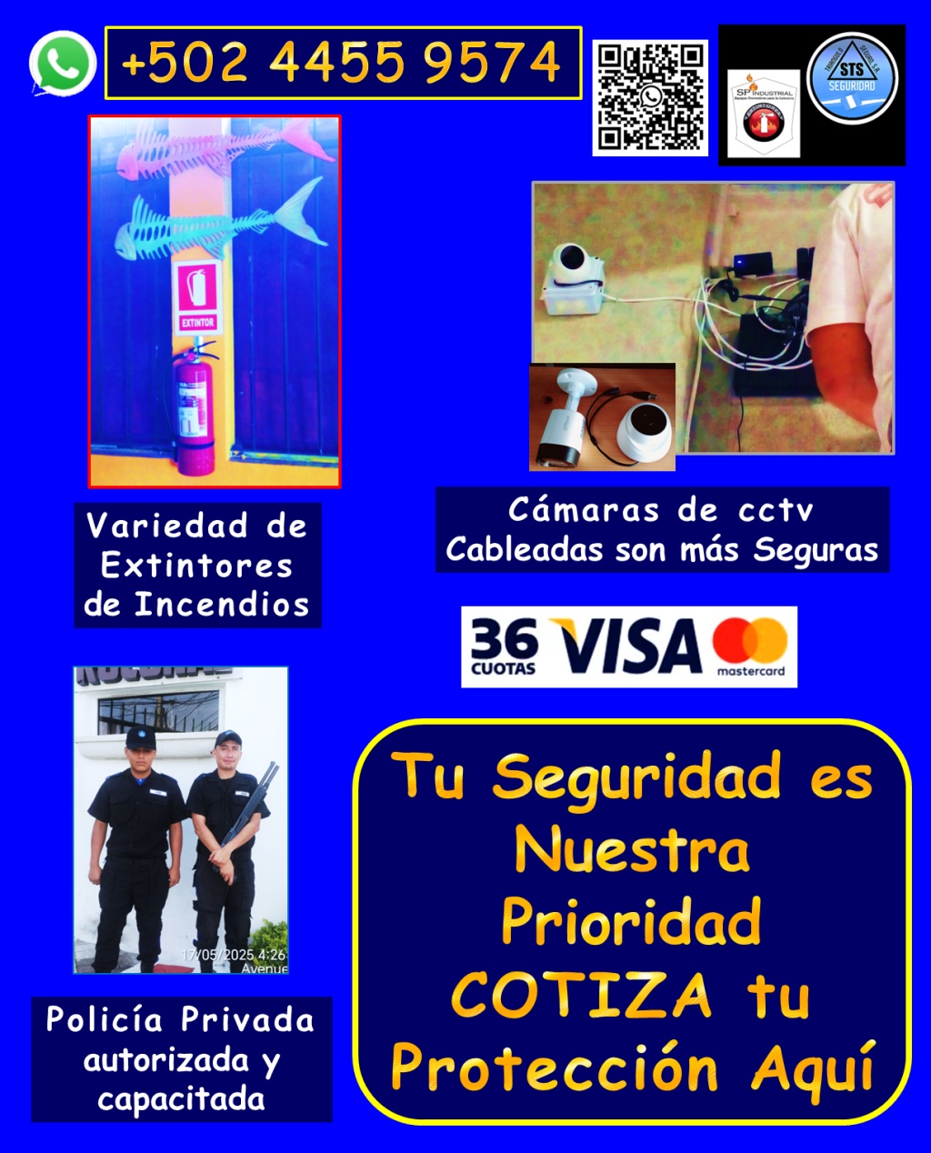 PIDE AQUÍ. Entendemos que la seguridad de tu propiedad, familia o negocio es primordial. Por eso, ofrecemos productos de seguridad de alta calidad. • Personal de seguridad altamente capacitado: *Vigilantes de seguridad: Profesionales entrenados para proteger tus instalaciones. *Guardaespaldas: Protección personal discreta y eficaz. *Anfitriones: Personal para control de acceso y atención al público. • Sistemas de videovigilancia de última generación: *Cámaras de seguridad DAHUA cableadas: Mayor seguridad y confiabilidad, con diversas opciones de combos. *Instalación profesional y garantizada: Aseguramos el óptimo funcionamiento de tu sistema. *Mantenimiento y reparación: Mantenemos tus cámaras al 100% para una protección continua. • Protección contra incendios: *Extintores de incendios: Variedad de tamaños y tipos de carga, adaptados a tus necesidades. *Recarga de extintores: Mantenemos tus equipos listos para actuar en caso de emergencia. • Seguridad industrial y vial: *Ofrecemos una gran variedad de articulos de seguridad para todo tipo de instalaciones. ¿Por qué elegirnos? *Cobertura en toda Guatemala: Llevamos la seguridad donde la necesites. *Personal calificado y autorizado: Profesionales comprometidos con tu seguridad. *Equipos de alta calidad: Trabajamos con marcas líderes para garantizar tu protección. *Garantía y respaldo: Te ofrecemos tranquilidad con nuestros servicios garantizados. No dejes la seguridad en manos del azar. Contáctanos hoy mismo y descubre cómo podemos proteger lo que más te importa. Llámanos o escríbenos por WhatsApp: 4455 9574 #noti7 #ANFITRIONES #Policia #Custodios #Policia24H #Guardaespaldas #GUARDIAS #Oficiales #Seguridadprivada #Vigilantes #digessp #Camaradevideo #CamarasdeSeguridad #Dahua #camaras5mpx #camarasbala #camarasdomo #mantenimientocamaras #camarasconsonido #Guatemalanosedetiene #capacitacionesteoricopracticas #rotulaciondeevacuacion #recargadeextintores #Extintores #extintoresabc #extintoresco2 #viral #Rociadordeincendios #incendios #extintoresab #planbelen #GUARDIASDESEGURIDAD #vigilanciaprivada #escolta #mejoresempresasdeseguridad #guardaespaldaspersonales #PROTECCIÓNEJECUTIVA #monitoreo #protecciónderuta #VigilanciaEnTiempoReal #tiposdecamaras #extintoresdefuego #inspecciondeextintores #tiposdeextintores #comoseutilizaunextintordeincendios