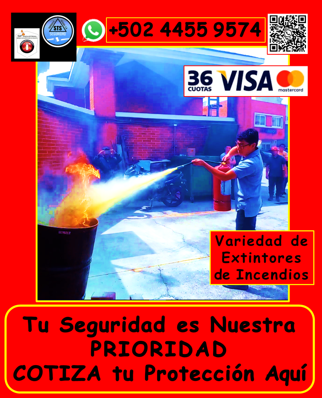 Te ofrecemos • Extintores de incendios: *Venta de extintores nuevos: Tipos ABC, AB, K, y más, adaptados a tus necesidades. *Recarga de extintores: Polvo químico seco, CO2, y otros, con garantía de calidad. *Variedad de tamaños y cilindros nuevos. *Bases para extintores: Instalación y mantenimiento en el área metropolitana de Guatemala y municipios aledaños (aplican condiciones). • Capacitación y prevención: *Capacitaciones: Uso correcto de extintores, primeros auxilios, simulacros de evacuación. *Planes de contingencia: Desarrollo de estrategias personalizadas para tu empresa. • Mantenimiento especializado: *Mantenimiento de hidrantes y sistemas de detección de incendios. • Señalización y evacuación: *Señalización general de evacuación: *Te ayudamos a Cumplir con las medidas reglamentarias del Ministerio de Trabajo, IGSS etc. • Seguridad industrial integral: Ofrecemos artículos de seguridad industrial, para todo tipo de instalaciones. ¿Por qué elegirnos? • Amplia experiencia en seguridad industrial. • Productos y servicios de alta calidad. • Cumplimiento de normativas vigentes. • Personal capacitado y profesional. • Atención personalizada. No esperes a que ocurra un incidente. Protege tus espacios y personal con nuestras soluciones integrales. Contáctanos hoy mismo: • Teléfono: +502 4455 9574