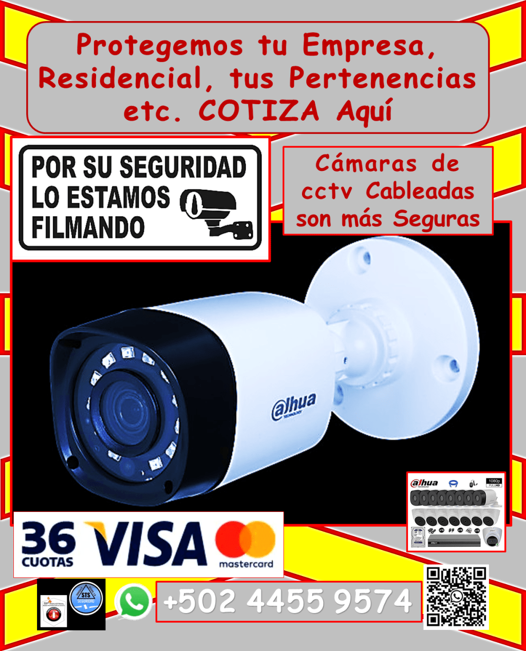 Con sistemas de videovigilancia DAHUA cableadas de alta seguridad Anticipa cualquier incidente y protege lo que más te importa con nuestras soluciones de videovigilancia DAHUA cableadas. Te ofrecemos: • Instalación profesional y garantizada: *Equipos de alta calidad, instalados y configurados para un funcionamiento óptimo. *Garantía real y efectiva para tu tranquilidad. • Mantenimiento y reparación:d *Aseguramos que tus cámaras funcionen al 100%, con servicios de mantenimiento y reparación especializados. • Cobertura en toda Guatemala: *Llevamos la seguridad donde la necesites (aplican condiciones). ¿Por qué elegirnos? *Sistemas de videovigilancia DAHUA cableados: Mayor seguridad y confiabilidad. *Profesionales expertos en instalación y mantenimiento. *Garantía y respaldo para tu tranquilidad. *Atención personalizada y soluciones a tu medida. No esperes a ser víctima de la delincuencia. Protege tu propiedad con nuestros sistemas de videovigilancia de alta seguridad. Contáctanos hoy mismo: • Teléfono: 4455 9574 #camaradevideo #camaras #camaras5mpx #camarasacolor #camarasgarantizadas #camarasseguridad #Dahua #viral #kitcamaras #mantenimientocamaras #seguridad #SeguridadCalle #camarasconsonido #seguridadcolonia #SeguridadEmpresarial #SeguridadHogar #GuatemalaNoSeDetiene #seguridadnegocios #SeguridadPropiedad #seguridadtienda #seguridadtrabajo #SeguridadVial #Sistemadealarma #videocamaras #visionnocturna #robos #prevencionrobos #reparacioncamaras #camarasdomo #camarasbala #SeguridadPublica #ProteccionDePropiedades #VigilanciaEnTiempoReal #tiposdecamaras #comoinstalarcamarasdeseguridad