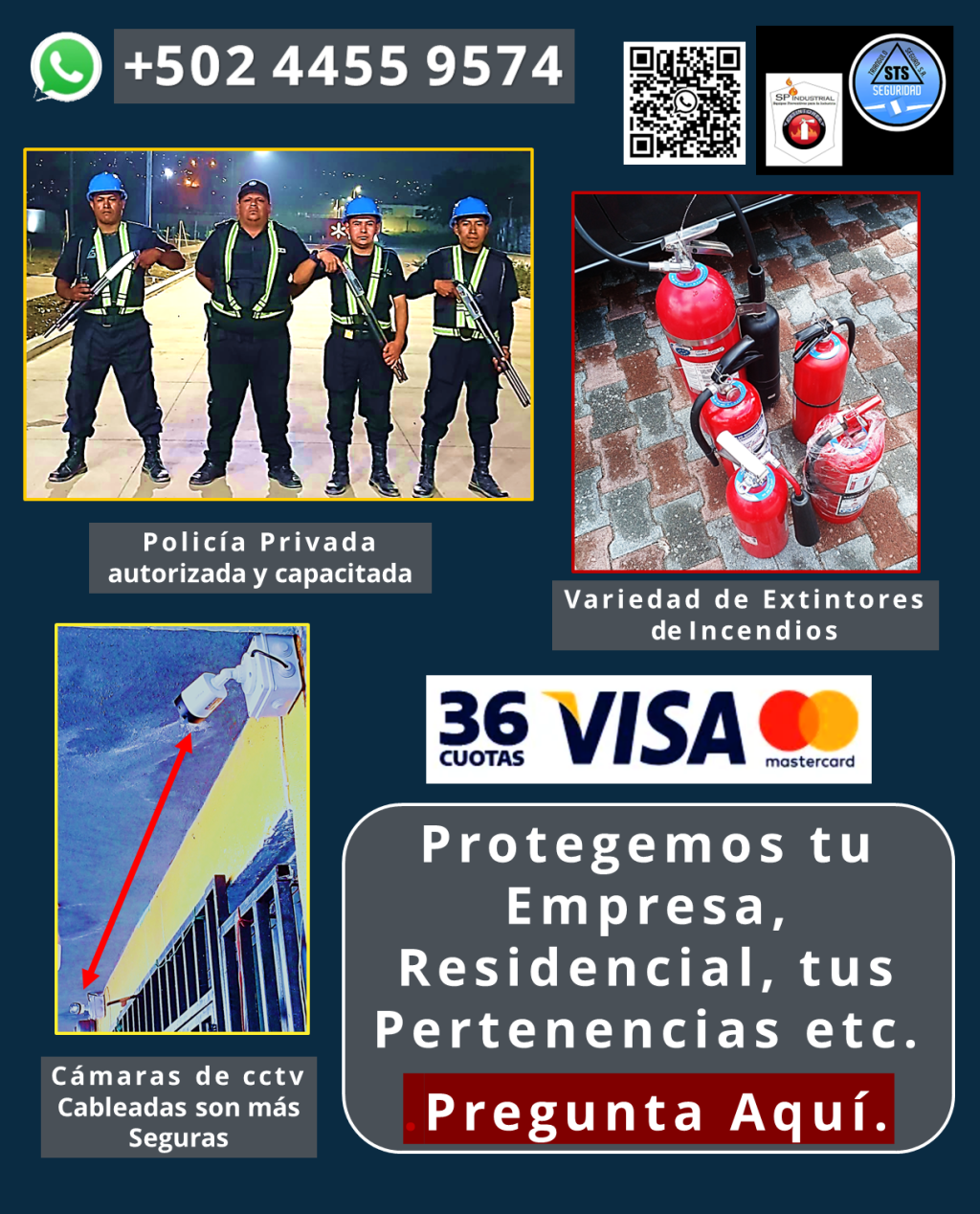 Pide información sin compromisos, 🇬🇹🇬🇹 con gusto te respondemos. Protege lo que más te importa con seguridad integral en toda Guatemala. Entendemos que la seguridad de tu propiedad, familia o negocio es primordial. Por eso, ofrecemos un abanico de servicios y productos de seguridad de alta calidad, diseñados para brindarte tranquilidad y protección completa. Nuestros servicios incluyen: • Personal de seguridad altamente capacitado: *Vigilantes de seguridad: Profesionales entrenados para proteger tus instalaciones. *Guardaespaldas: Protección personal discreta y eficaz. *Anfitriones: Personal para control de acceso y atención al público. • Sistemas de videovigilancia de última generación: *Cámaras de seguridad DAHUA cableadas: Mayor seguridad y confiabilidad, con diversas opciones de combos. *Instalación profesional y garantizada: Aseguramos el óptimo funcionamiento de tu sistema. *Mantenimiento y reparación: Mantenemos tus cámaras al 100% para una protección continua. • Protección contra incendios: *Extintores de incendios: Variedad de tamaños y tipos de carga, adaptados a tus necesidades. *Recarga de extintores: Mantenemos tus equipos listos para actuar en caso de emergencia. • Seguridad industrial y vial: *Ofrecemos una gran variedad de artículos de seguridad para todo tipo de instalaciones. ¿Por qué elegirnos? *Cobertura en toda Guatemala: Llevamos la seguridad donde la necesites. *Personal calificado y autorizado: Profesionales comprometidos con tu seguridad. *Equipos de alta calidad: Trabajamos con marcas líderes para garantizar tu protección. *Garantía y respaldo: Te ofrecemos tranquilidad con nuestros servicios garantizados. No dejes la seguridad en manos del azar. Contáctanos hoy mismo y descubre cómo podemos proteger lo que más te importa. Llámanos o escríbenos por WhatsApp: +502 4455 9574.