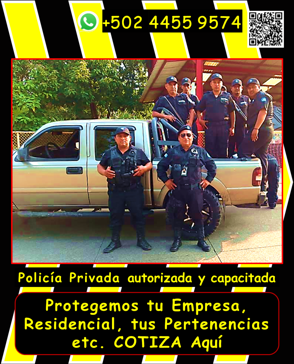 Solicita información sin compromisos, con gusto te respondemos. 2,026 ya estamos con todo. dale like y siguenos 😊 Los agentes de seguridad armados y vigilantes que estás buscando, disponibles las 24 horas, los 365 días del año, para proteger tu patrimonio con la máxima eficiencia. Te ofrecemos PROTECCIÓN en tu propiedad en areas como, seguridad para puestos fijos, garitas, guardaespaldas, custodios, anfitriones y más, en toda Guatemala. Nuestro personal está debidamente equipado y cumple con todas las regulaciones de la DIGESSP y DIGECAM. Garantizamos una respuesta ryápida gracias a nuestros vehículos y equipos de radiocomunicación. ¡Llámanos ahora y obtén una asesoría personalizada! WhatsApp: 4455 9574