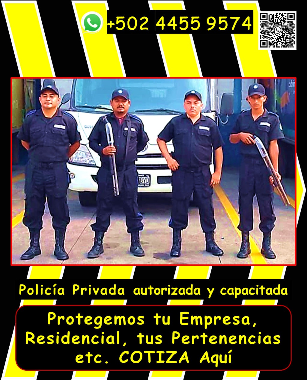 Solicita información sin compromisos, con gusto te respondemos. 2,026 ya estamos con todo. dale like y siguenos 😊 Los agentes de seguridad armados y vigilantes que estás buscando, disponibles las 24 horas, los 365 días del año, para proteger tu patrimonio con la máxima eficiencia. Te ofrecemos PROTECCIÓN en tu propiedad en areas como, seguridad para puestos fijos, garitas, guardaespaldas, custodios, anfitriones y más, en toda Guatemala. Nuestro personal está debidamente equipado y cumple con todas las regulaciones de la DIGESSP y DIGECAM. Garantizamos una respuesta ryápida gracias a nuestros vehículos y equipos de radiocomunicación. ¡Llámanos ahora y obtén una asesoría personalizada! WhatsApp: 4455 9574